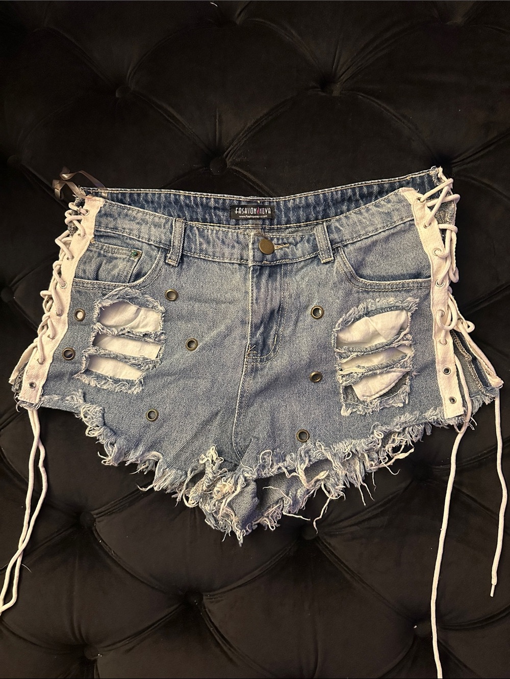 Fashion Nova Light Blue Distressed Lace-Up Denim Shorts with White Laces